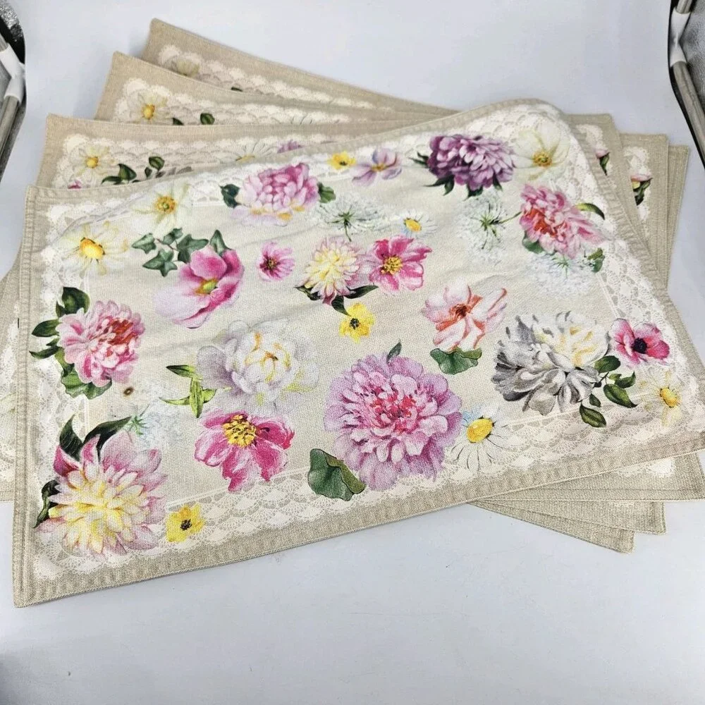 Maison D' Hermine Spring Pink Floral Cotton Placemats Set 4 Dining Table Decor